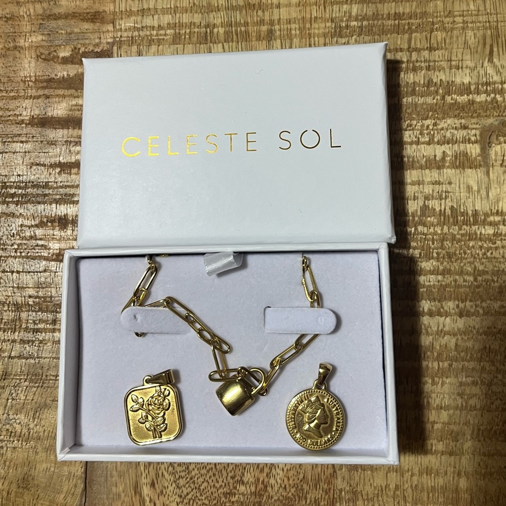 Long 18kG Padlock Necklace with 2 Charms